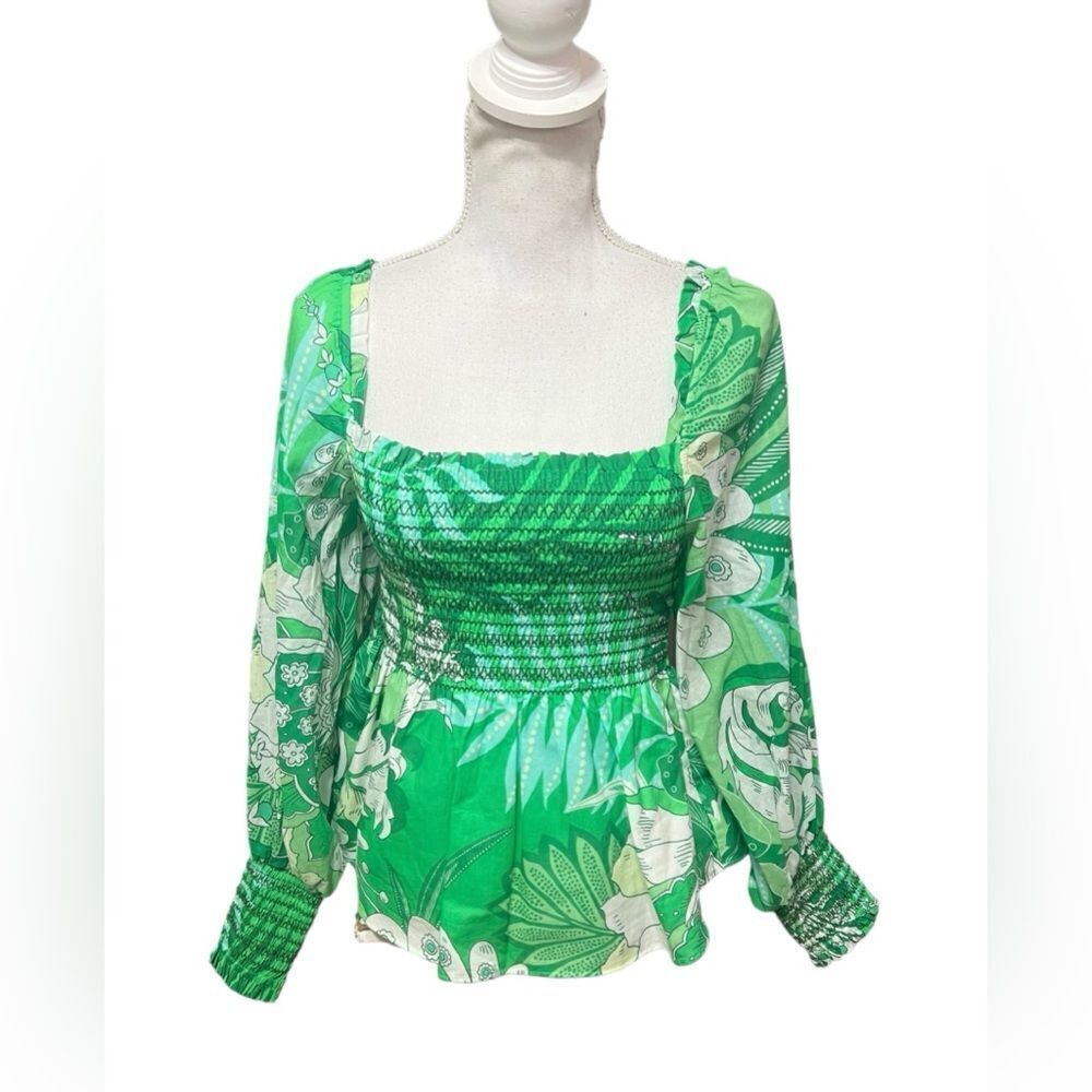 Hale Bob smocked green tropical top